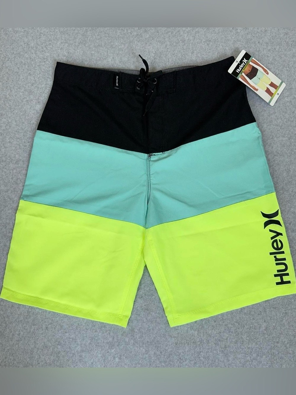Boys Hurley Board Shorts Swim Trunks Black Teal Yellow Colorblock Size 18 NWT